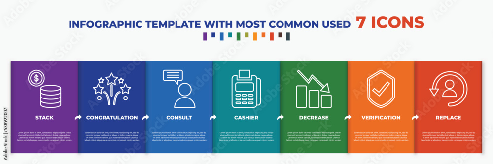 Poster infographic template with outline icons. thin line icons such as stack, congratulation, consult, cas