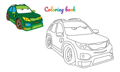 Cartoon big green jeep car for boys. Small funny vector cute vehicle with eyes and mouth. Comic character for kids on white background. Coloring page for children, color and linear illustration.