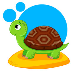 A cute turtle is standing on the sand
