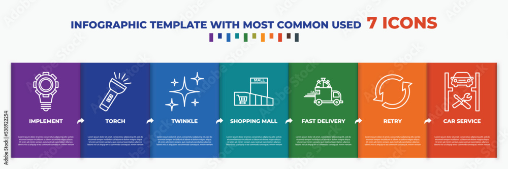 Poster infographic template with outline icons. thin line icons such as implement, torch, twinkle, shopping