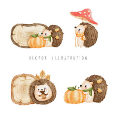 Autumn season, hedgehog with wooden sign, vector illustration