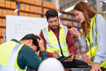 Group of worker in the warehouse factory conduct toolbox talk daily meeting and argument brainstorm...