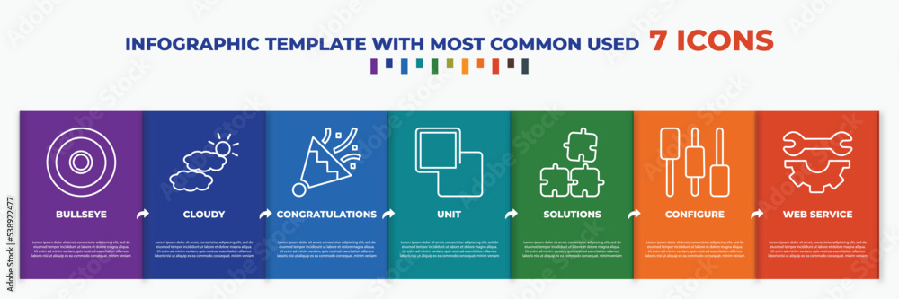 Poster infographic template with outline icons. thin line icons such as bullseye, cloudy, congratulations, 