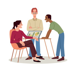 Office staff concept. Men and woman discussing work project. Team work, collaboration and cooperation. Poster or banner for website. Analytics department in company. Cartoon flat vector illustration