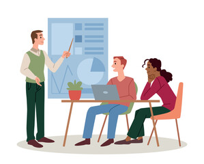 Office staff concept. Man shows presentation to colleagues. Work with statistics, evaluation of charts, graphs and diagrams, analytical department of company. Cartoon flat vector illustration