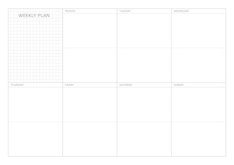A weekly plan design template in a modern, simple, and minimalist style. Note, scheduler, diary, calendar, planner document template illustration. - obrazy, fototapety, plakaty