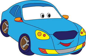 Cartoon little blue car sedan for boys. Small funny cute vehicle with eyes and mouth, funny smile auto icon.  Children color illustration. Comic character for kids
