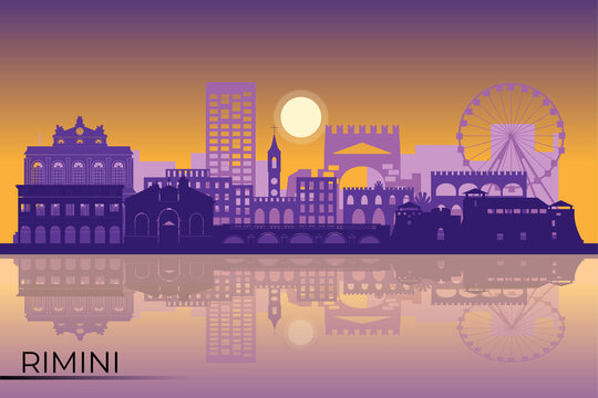 Italy, Rimini outline city skyline, linear illustration, banner, travel landmark, buildings silhouette.