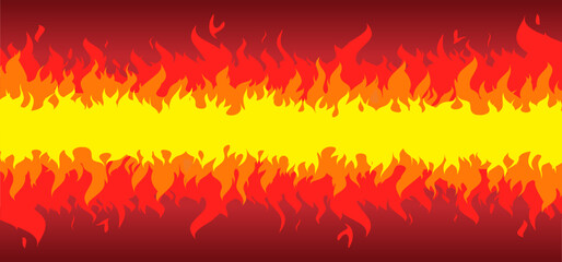 Ablaze. Red, orange, yellow Fire flames. Cartoon, fire or flame sign. Drawn flames pattern. Funny vector flamme icon. Drawing burn, bonfire, campfire banner. Torch flame. Inferno fire. Fireman's job.