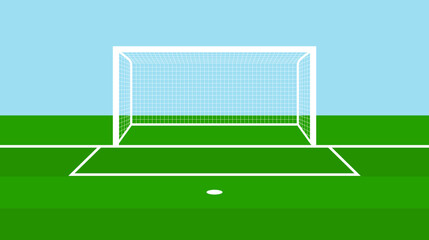 Soccer gate. Football field with goal. Stadium with goalpost and net. Pitch with green grass, white lines and penalty. Flat arena for game and sport. Vector