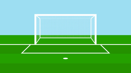 Soccer gate. Football field with goal. Stadium with goalpost and net. Pitch with green grass, white lines and penalty. Flat arena for game and sport. Vector