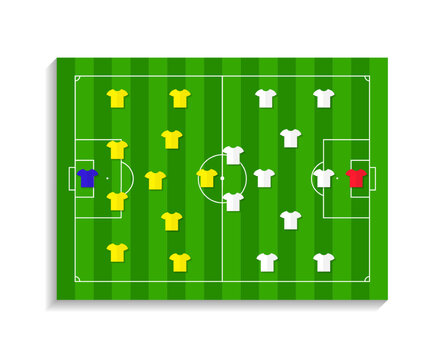 Soccer plan formation of team. Football game strategy on field. Board with infographic, players and lineup. Tactic of match on tournament. Vector