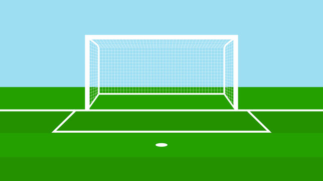 Soccer gate. Football field with goal. Stadium with goalpost and net. Pitch with green grass, white lines and penalty. Flat arena for game and sport. Vector