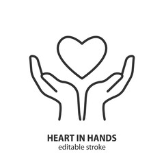 Heart in hands line icon. Heart health care vector symbol. Love and insurance sign. Editable stroke.