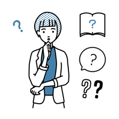 立って手をあごにあてて疑問を感じているジャケットの女性 クエスチョンマークのセット