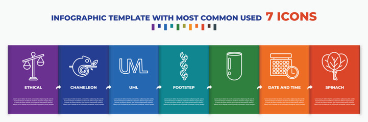 infographic template with outline icons. thin line icons such as ethical, chameleon, uml, footstep, , date and time, spinach editable vector. can be used for web, mobile, info graph. © IconArt