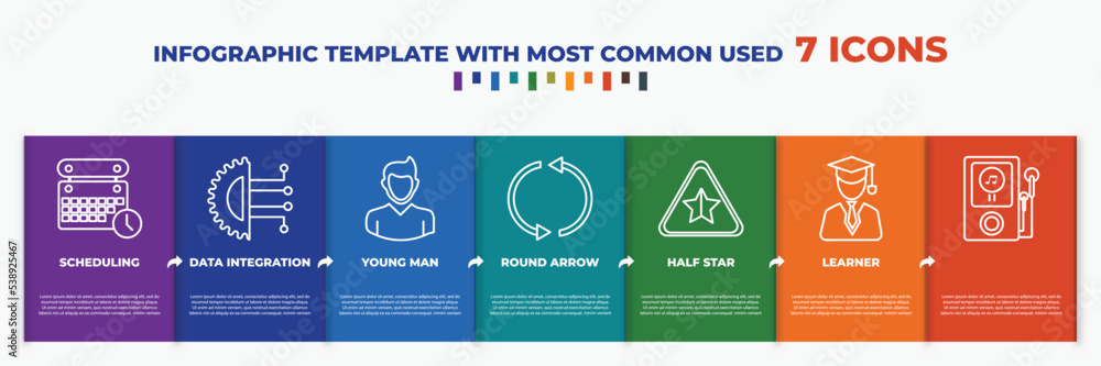 Aufkleber infographic template with outline icons. thin line icons such as scheduling, data integration, young