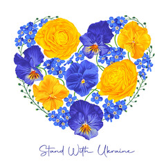 Support Ukraine. Stand with Ukraine.  Floral composition, heart-shaped flowers in colors of flag of Ukraine. Realistic hand-drawn Yellow and blue Buttercups Pansies and Forget-me-nots. 
