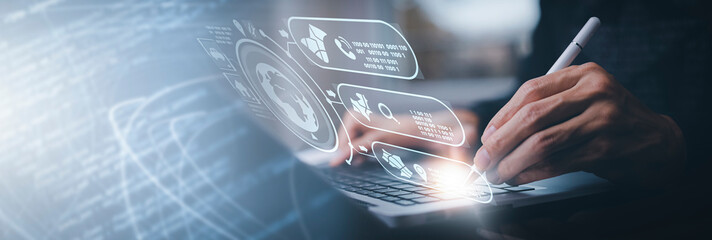 Concept Technology with Laptop. Hand using laptop with forex graph hologram, Concept technical analysis, digital software technology development, Data Processing, internet network technology concept