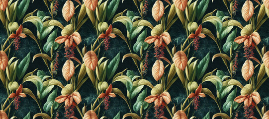 Seamless jungle floral background Jungle flowers and leaves. Seamless repeat pattern for fabrics, wallpapers, wrappers, postcards, greeting cards, wedding invitations, banners, web. 3d illustration