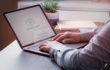 Woman trying to login into laptop or notebook computer with secured login and password interface. Using cybersecurity and confidential login to verify personal information. ideas security concept.