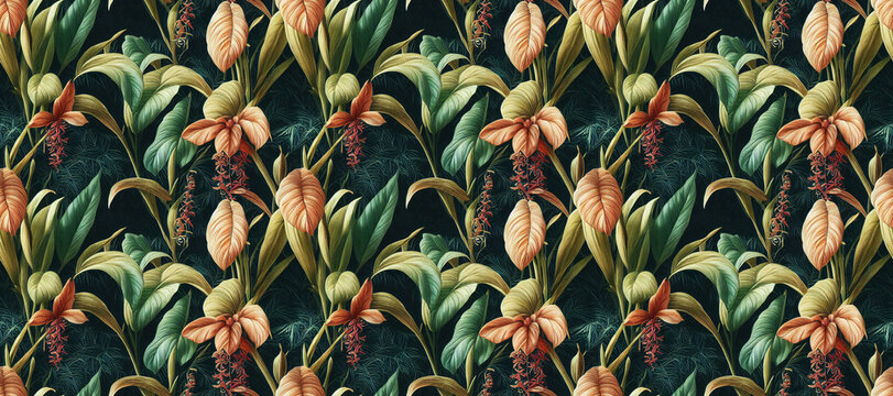 Seamless jungle floral background Jungle flowers and leaves. Seamless repeat pattern for fabrics, wallpapers, wrappers, postcards, greeting cards, wedding invitations, banners, web. 3d illustration