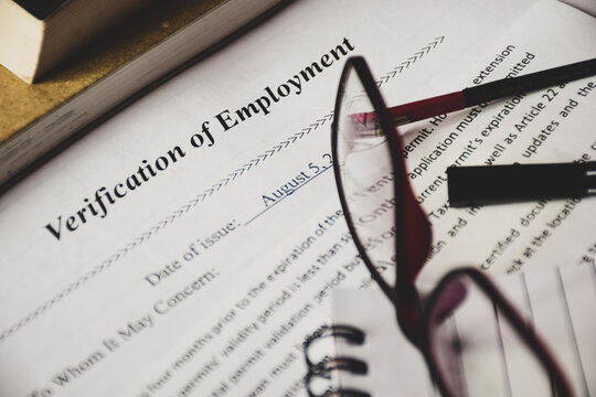 Close-up View Of The Verification Of Employment (VOE) Form On Desk. Selective Focus.