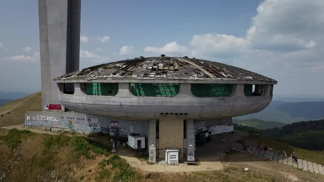 Buzludzha Monument, Abandoned And Destroyed Communistic Building In Bulgaria - aerial shot