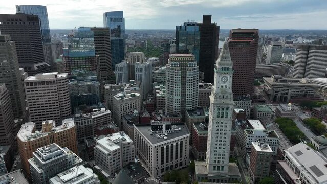 Downtown Boston Massachusetts skyline. Modern highrise skyscrapers and historic buildings. Aerial truck shot.