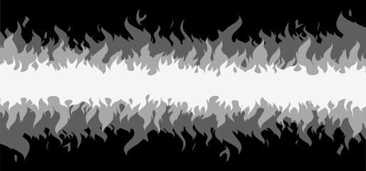 Ablaze. Gray or black Fire flames. Cartoon, fire or flame sign. Drawn flames pattern. Funny vector flamme icon. Drawing burn, bonfire, campfire banner. Torch flame. Inferno fire. Fireman's job.