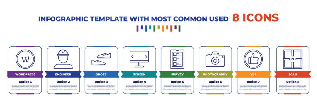 Infographic Template With Outline Icons. Thin Line Icons Such As Wordpress, Engineer, Shoes, Screen, Survey, Photography, Yes, Scan Editable Vector. Can Be Used For Web, Mobile, Info Graph.