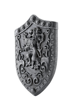 Old medieval decorated shield with lion isolated on white background with clipping path