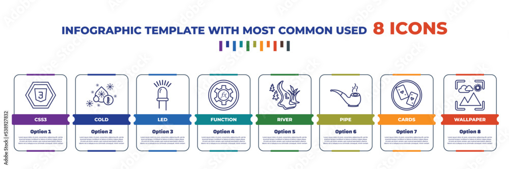 Poster infographic template with outline icons. thin line icons such as css3, cold, led, function, river, p