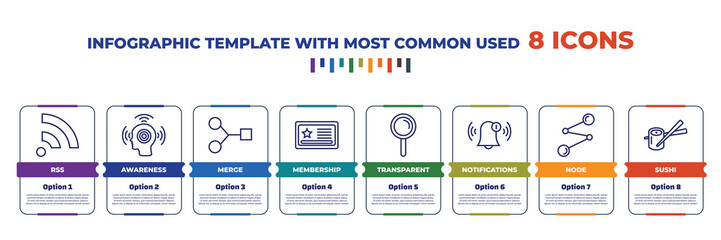 infographic template with outline icons. thin line icons such as rss, awareness, merge, membership, transparent, notifications, node, sushi editable vector. can be used for web, mobile, info graph.