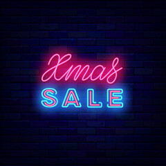 Obraz na płótnie Canvas Xmas sale neon signboard on brick wall. Merry Christmas special offer. Light lettering advertising. Vector illustration