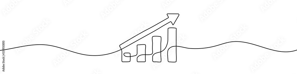 Poster continuous linear drawing of growing graph. vector illustration. business chart with up arrow