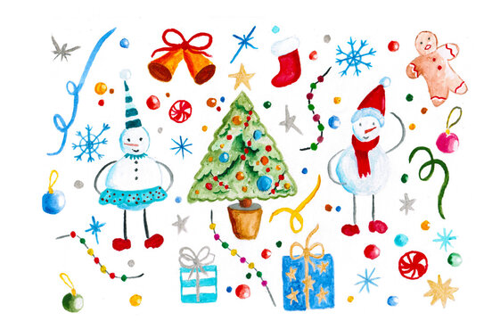 cute watercolor illustration for new year and christmas, christmas tree, snowman, gifts