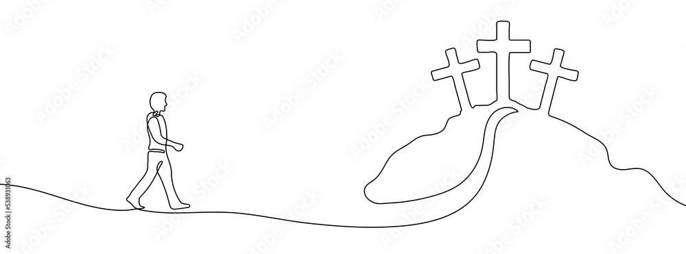 Poster continuous linear drawing of calvary. religious background with calvary hill of the cross and a walk