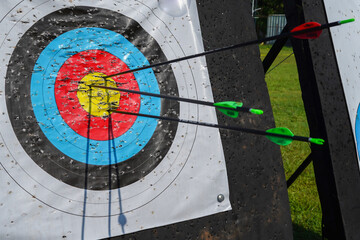 Jakarta, Indonesia, August 10, 2022 : arrow hitting the target on the target board colorful archery, archery sport