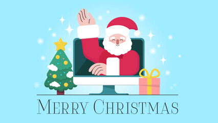 Poster, postcard Merry Christmas. Santa Claus, Christmas tree, gifts, PC. Vector, flat style.