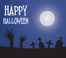 Happy Halloween Cemetery and Moon in Dark Blue Background