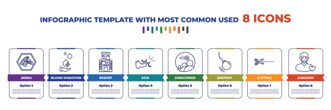 infographic template with outline icons. thin line icons such as zebra, blood donation, resort, kick, subscriber, destroy, cutting, concern editable vector. can be used for web, mobile, info graph.