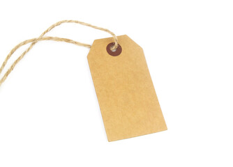 Cardboard tag or label with string isolated on white background