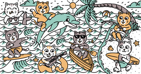 A group of cute cats on the beach illustration