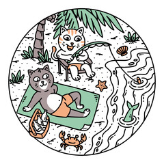 cute cat having fun on the beach illustration