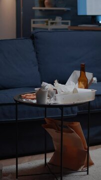 Vertical video: Beer bottles and pizza on table in messy living room with nobody in, leftover thrown on floor. Unorganized house apartment of alone woman with sever depresion having trash, rubbish