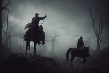 This is a 3D illustration of the headless horseman, The legend of the sleep hallows. - obrazy, fototapety, plakaty