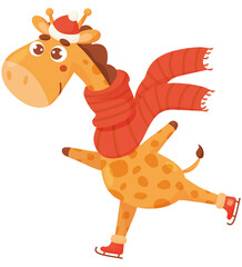 Cute winter animal giraffe is skating