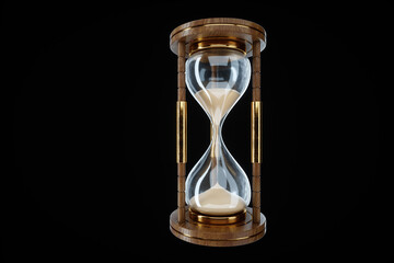 Classic hourglass isolated on black background. 3D illustration, 3D rendering.