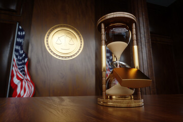 lock hangs on the Classic Hourglass. Prison concept, life sentence, time stolen. 3D illustration, 3D rendering.